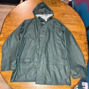 Gorpcore Polyvinyl Storm Hide Green Trench Rain Jacket w/Hideable Hood XL